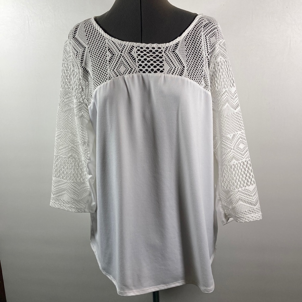 Ruby Rd White Top Elegant Crocheted Sleeves & Yolk Women Size XL White
